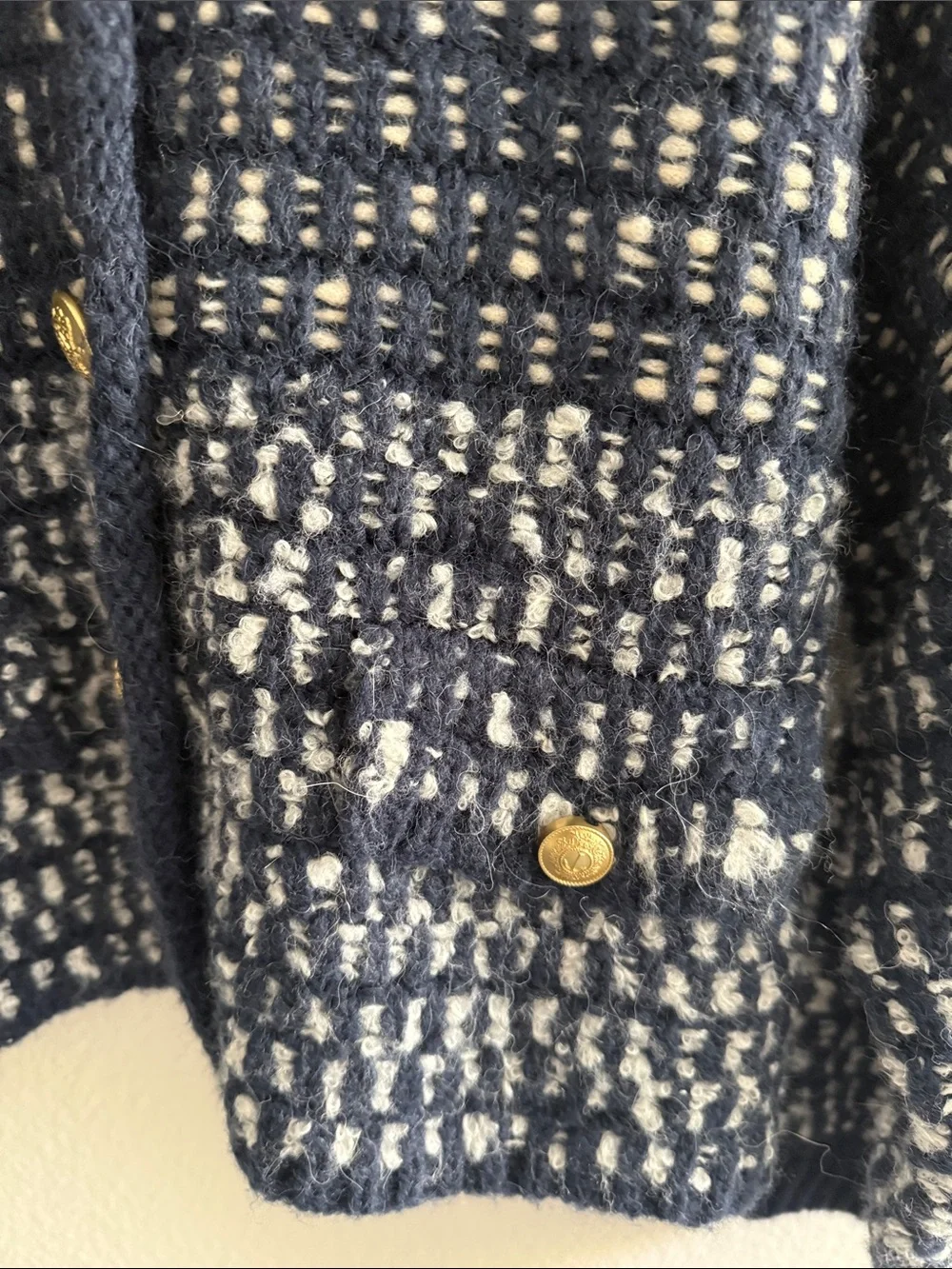 J. Crew Navy and White Textured Knit Cardigan with Gold Buttons